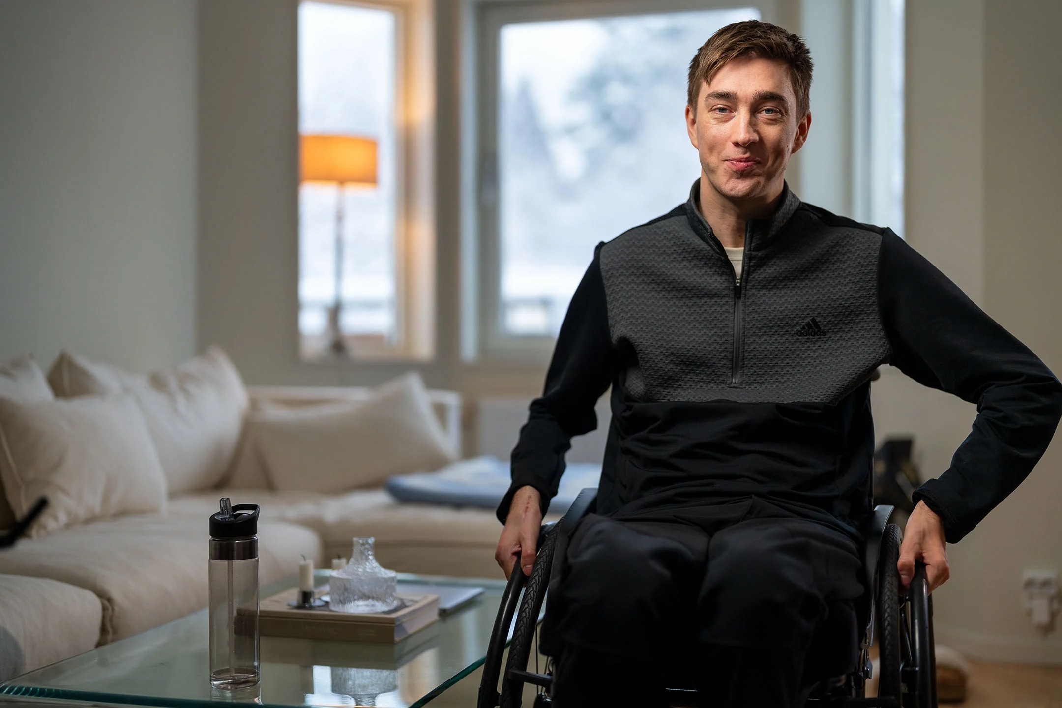 Adult wheelchair user before transferring into the Innowalk